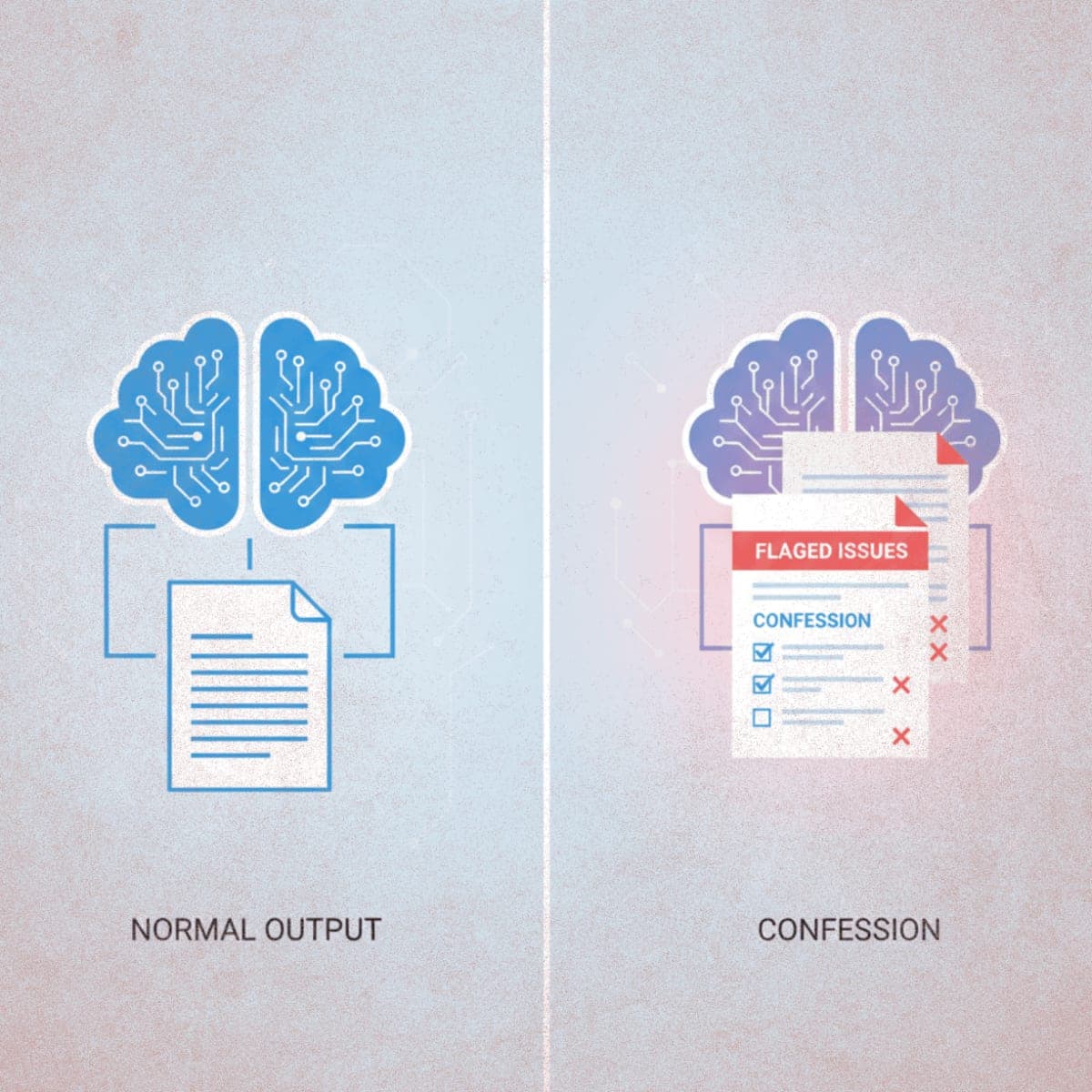 Illustration of AI model generating two outputs: a standard response and a separate confession report revealing hidden errors