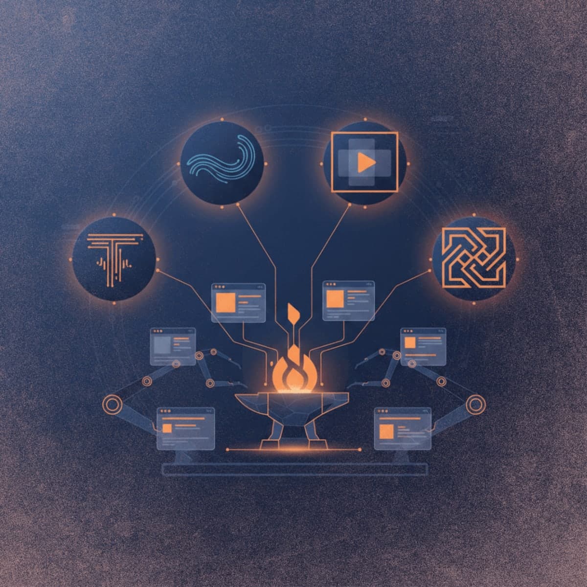 Illustration of Amazon Nova 2 AI model family with multimodal icons and automation elements in orange and navy