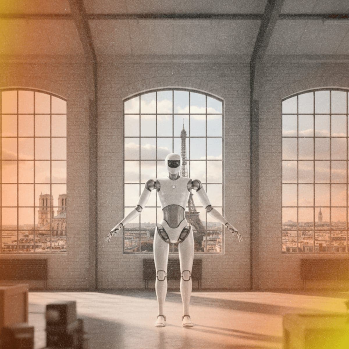 UMA humanoid robot concept in modern warehouse setting with Paris skyline