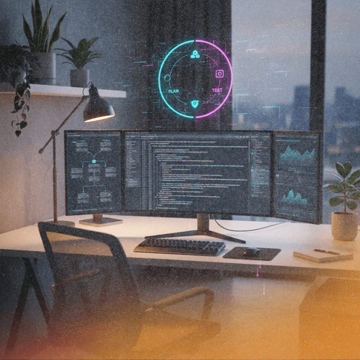Software developer workspace with multiple monitors displaying code and AI-powered development workflow visualizations