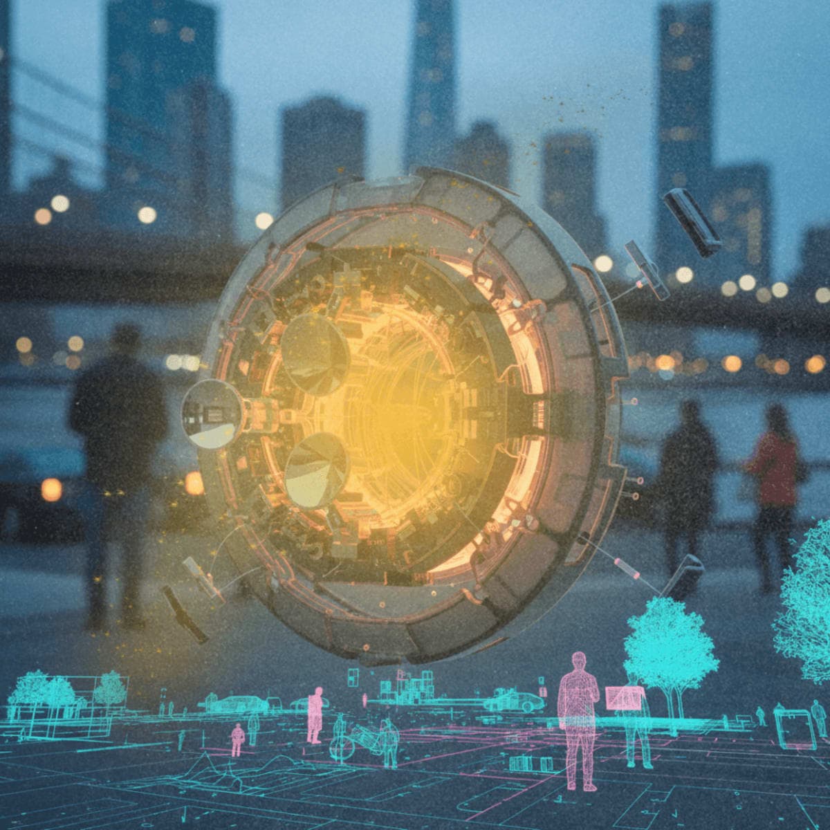 Close-up of an autonomous vehicle LiDAR sensor with transparent housing revealing internal components, overlaid with a 3D point cloud visualization of an urban street scene at dusk.