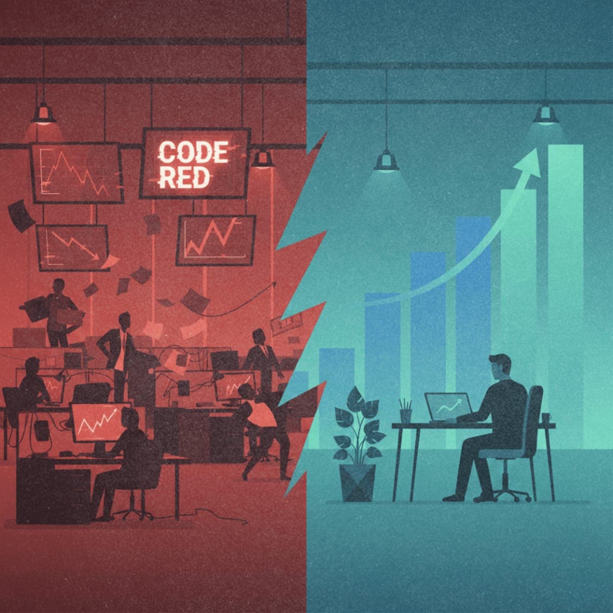 Split illustration contrasting AI company panic mode with Anthropic's calm enterprise-focused approach