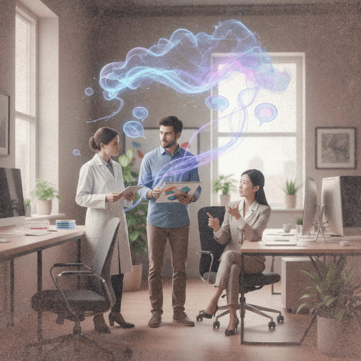 Diverse professionals in modern workspace with abstract visualization of AI-powered interview conversations connecting workers across industries