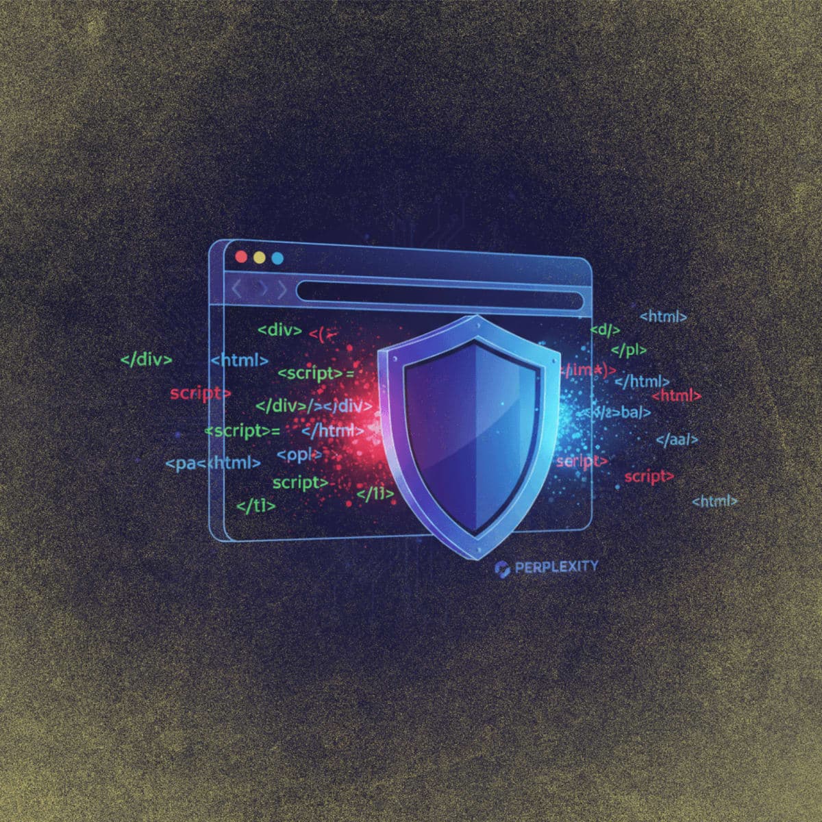 Digital shield protecting a browser window from malicious code streams, representing BrowseSafe's prompt injection detection