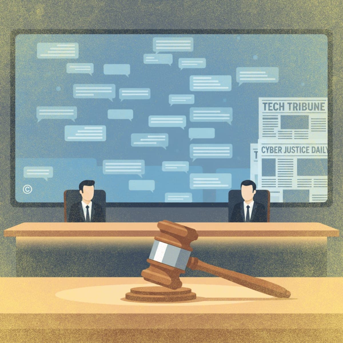 Illustration of a courtroom with digital chat logs on screen and a gavel, representing the OpenAI vs. New York Times copyright case