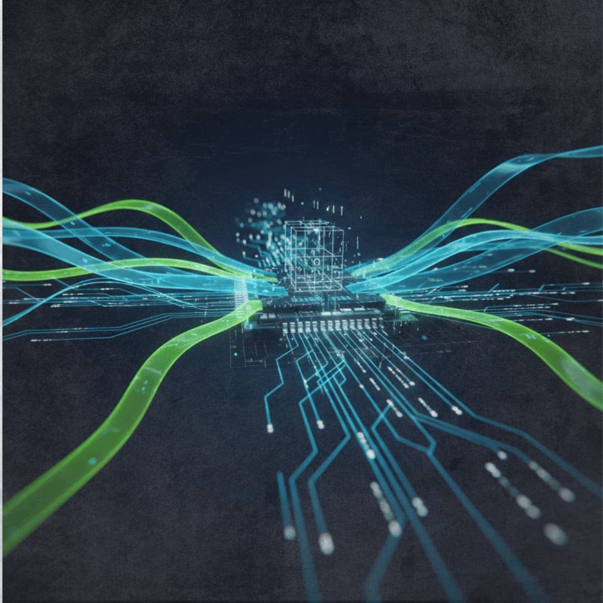 Abstract visualization of AI-optimized GPU code showing flowing data streams through a geometric representation of tensor core architecture