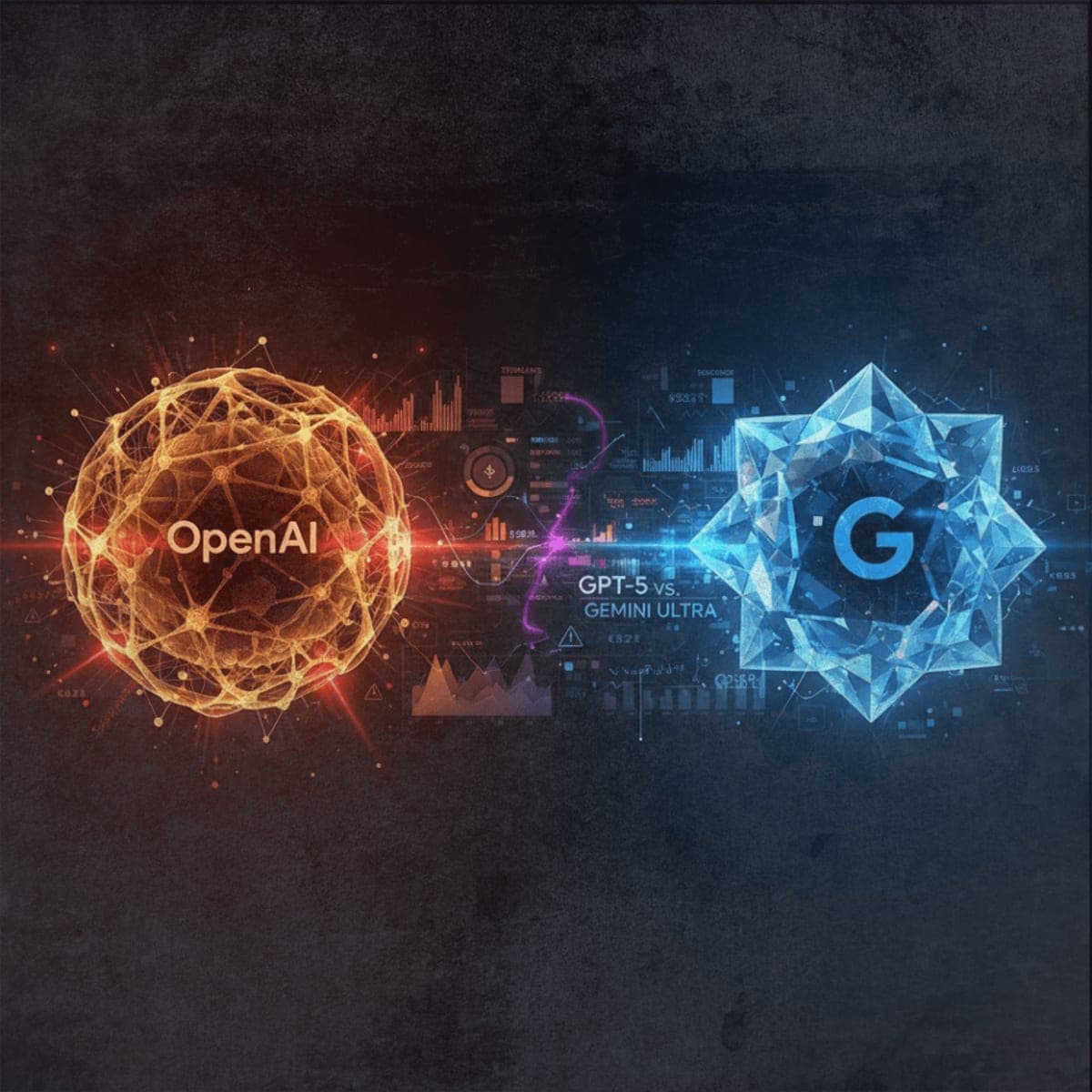 Illustration of OpenAI and Google AI systems in competitive face-off with urgent red warning indicators