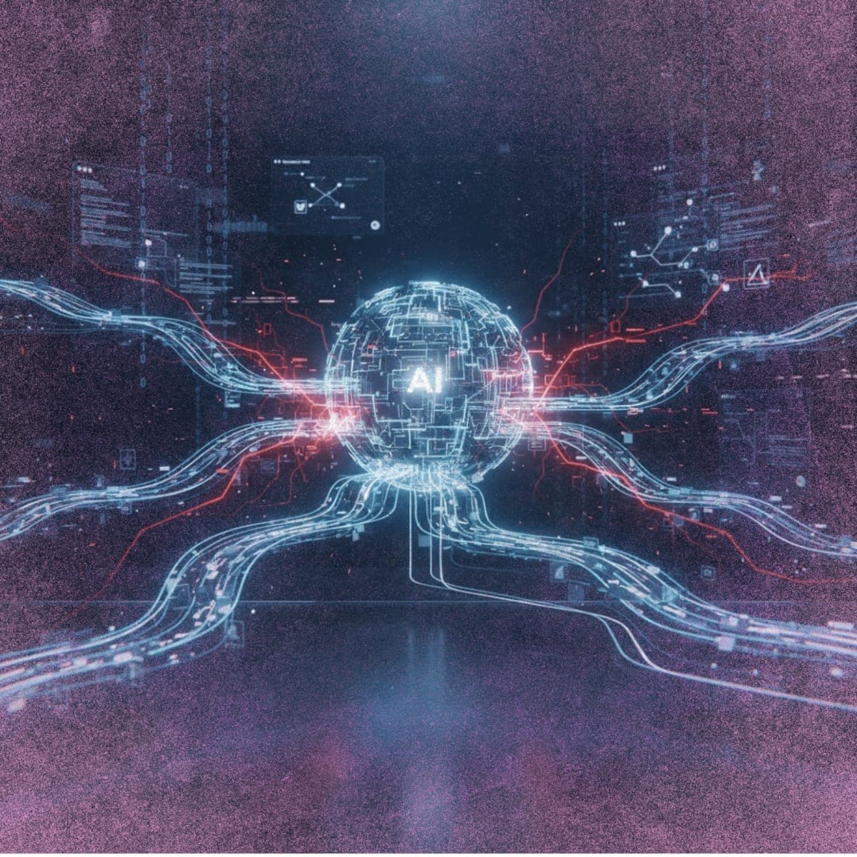 Visualization of an AI agent integrated into a software development pipeline with security vulnerability indicators highlighting exposed connection points