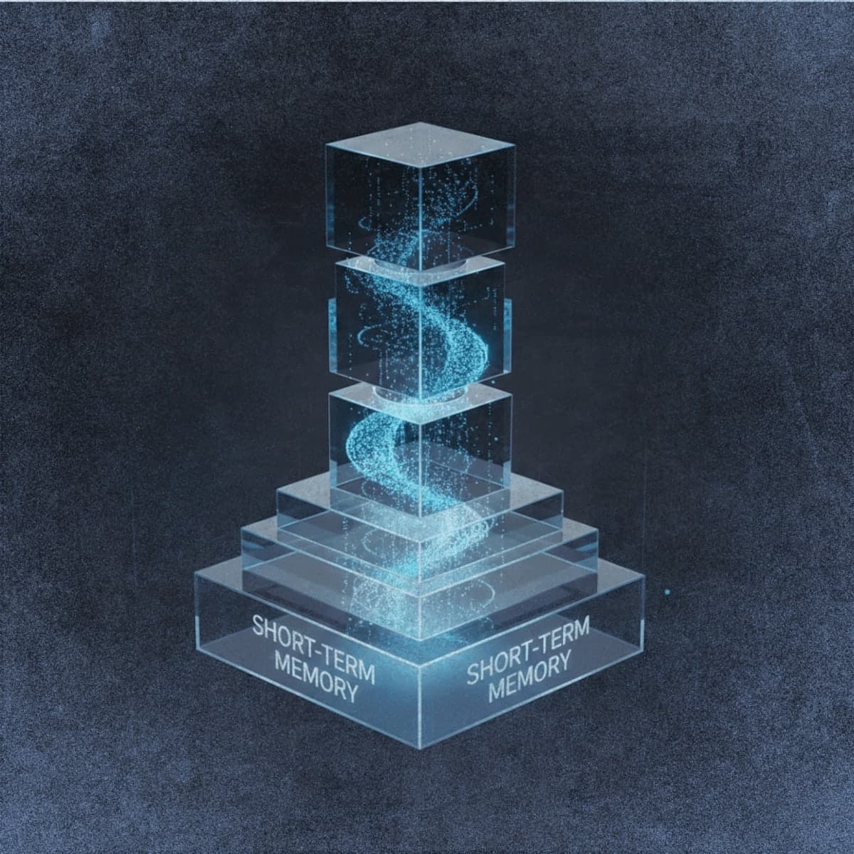 Abstract visualization of the Titans AI architecture showing layered memory modules processing streaming data