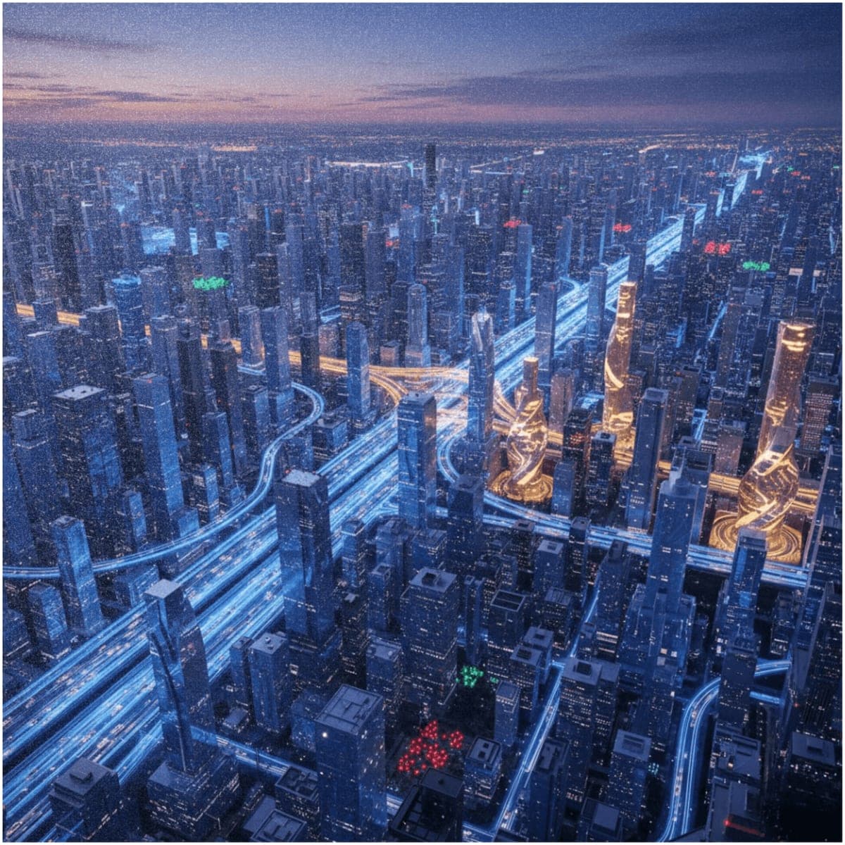 Abstract visualization of interconnected AI model infrastructure with glowing data pathways connecting towering structures at dusk
