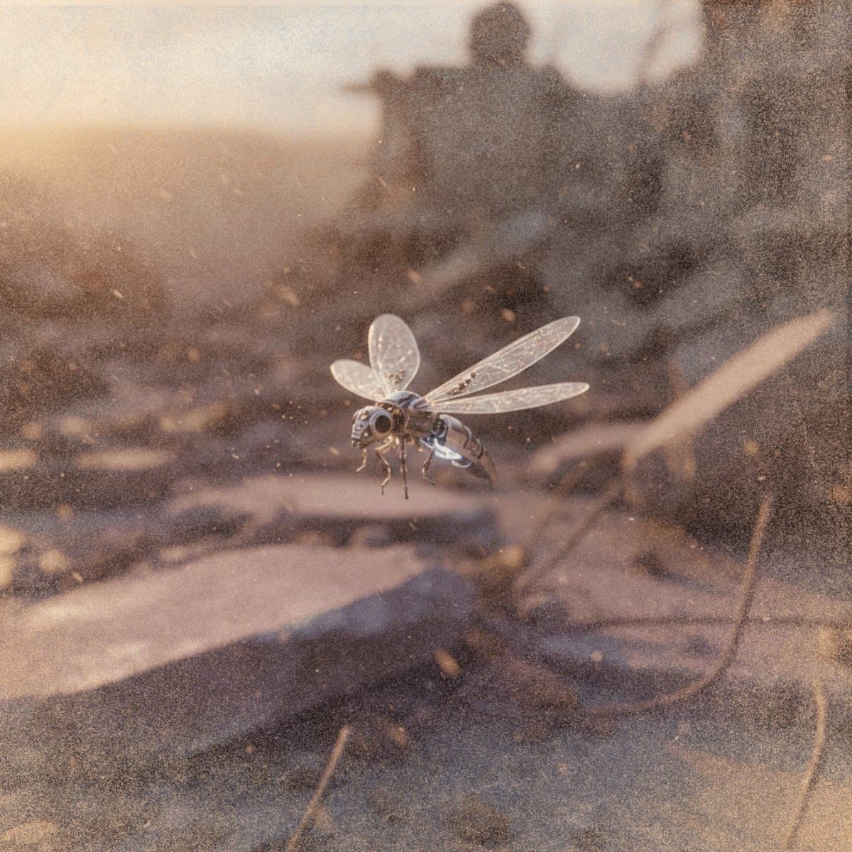 A tiny insect-sized flying robot with translucent wings hovers in front of earthquake rubble, showcasing MIT's new microrobot designed for search and rescue missions.