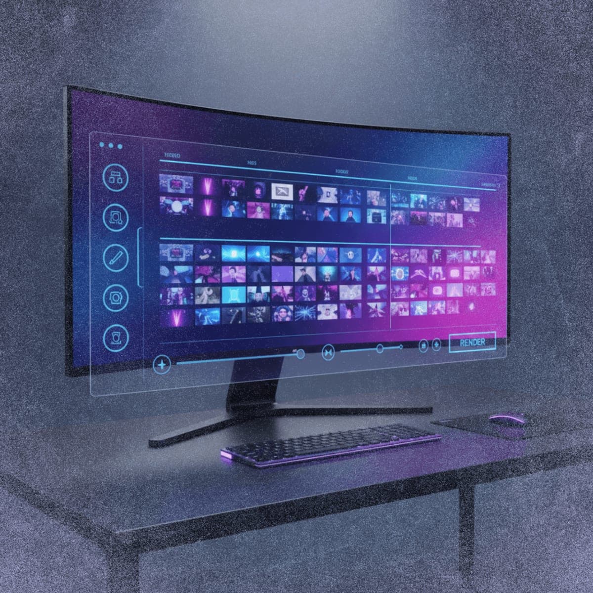 Futuristic AI video editing interface with holographic timeline controls and multiple video layers displayed above a modern workspace
