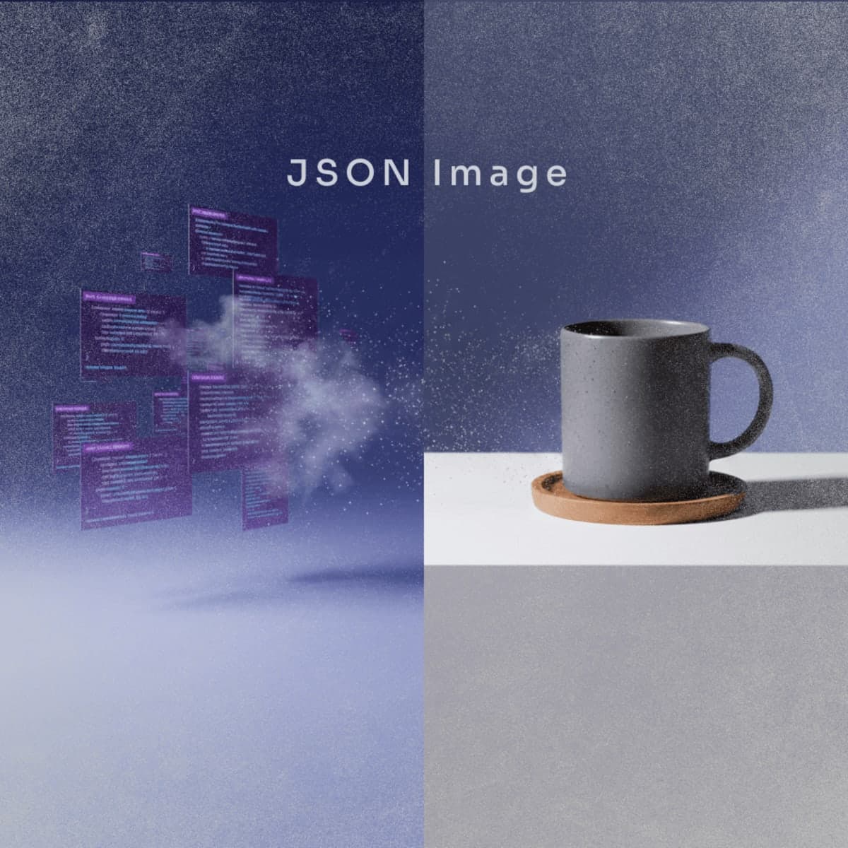Split illustration showing JSON code transforming into a professional AI-generated product photograph, demonstrating structured prompting for image generation