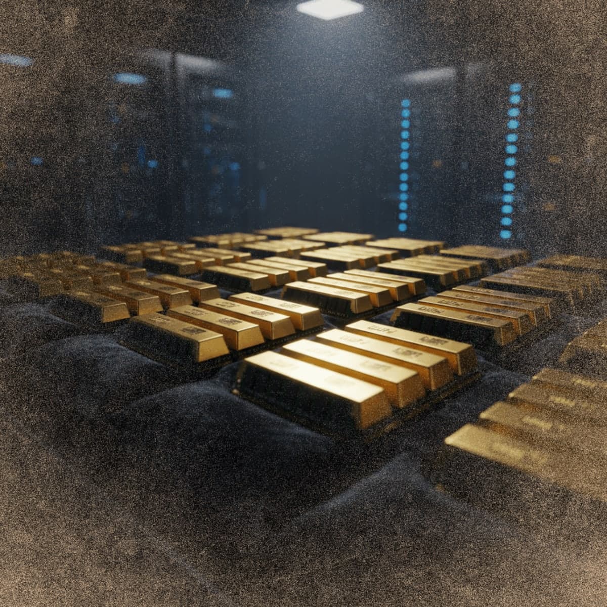 DDR5 RAM modules displayed like precious gold bars under dramatic spotlight lighting, suggesting extreme value and scarcity