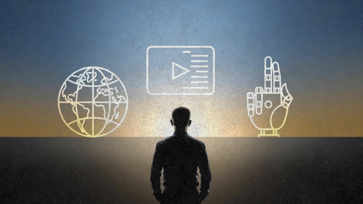 Conceptual illustration of AI predictions showing multimodal convergence, world models, and AI agents on the horizon