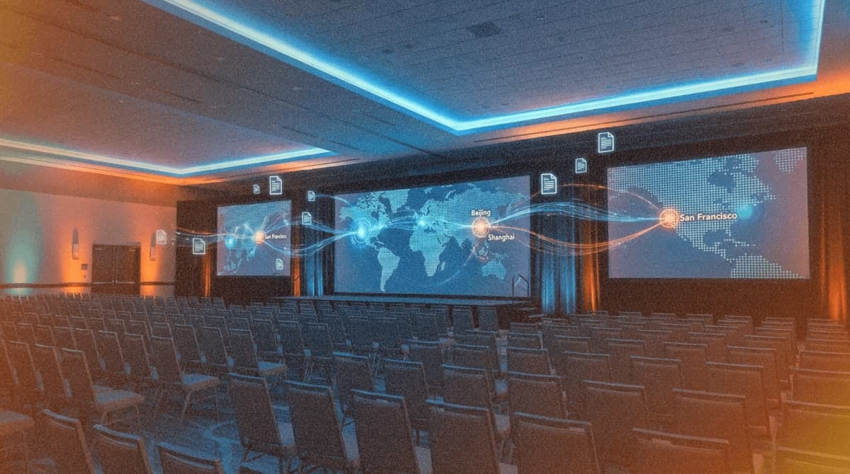 Conference hall visualization showing global AI research connections between US and Chinese cities at NeurIPS 2025