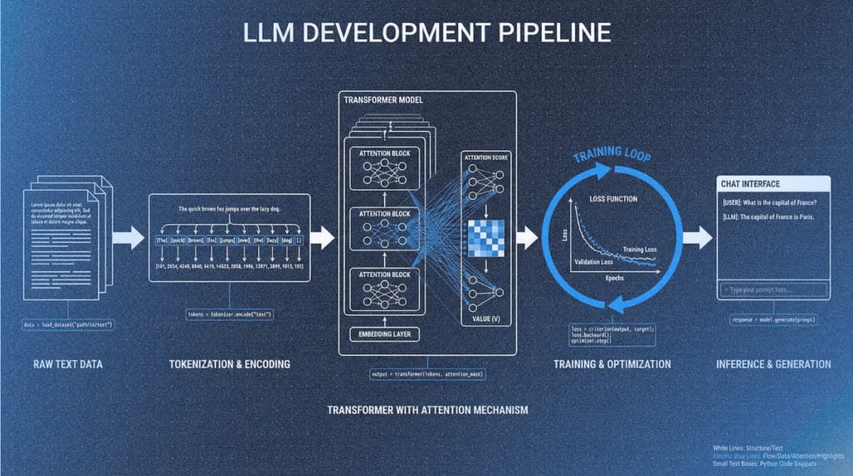 Technical diagram illustrating the complete pipeline for building a large language model from scratch, showing text processing through transformer architecture to text generation