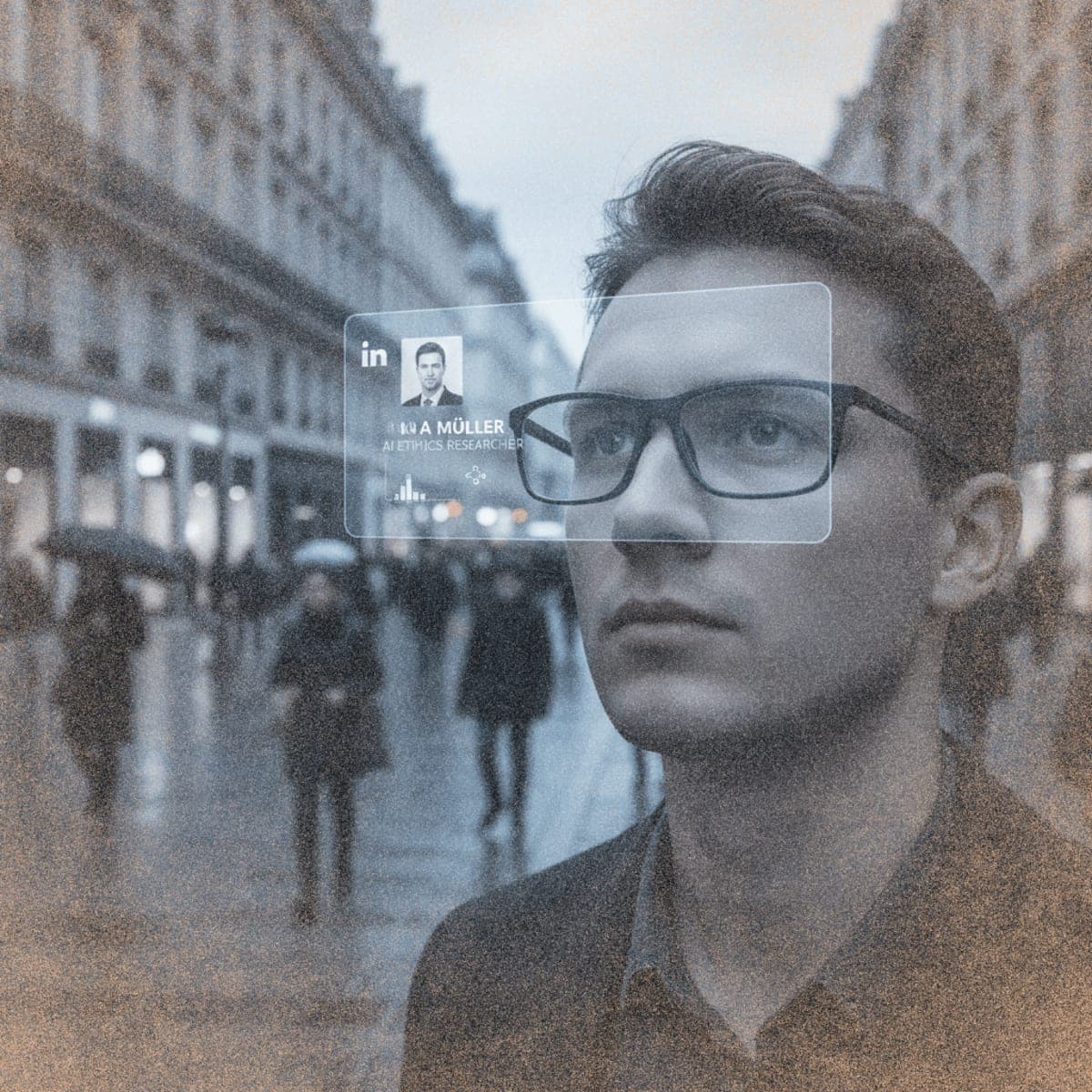 Person wearing AI smart glasses with holographic profile data overlay on city street