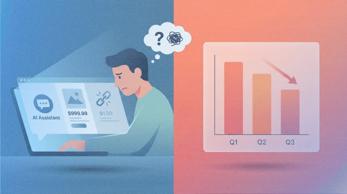 Illustration showing consumer frustrated with AI shopping assistant displaying incorrect prices alongside a performance chart