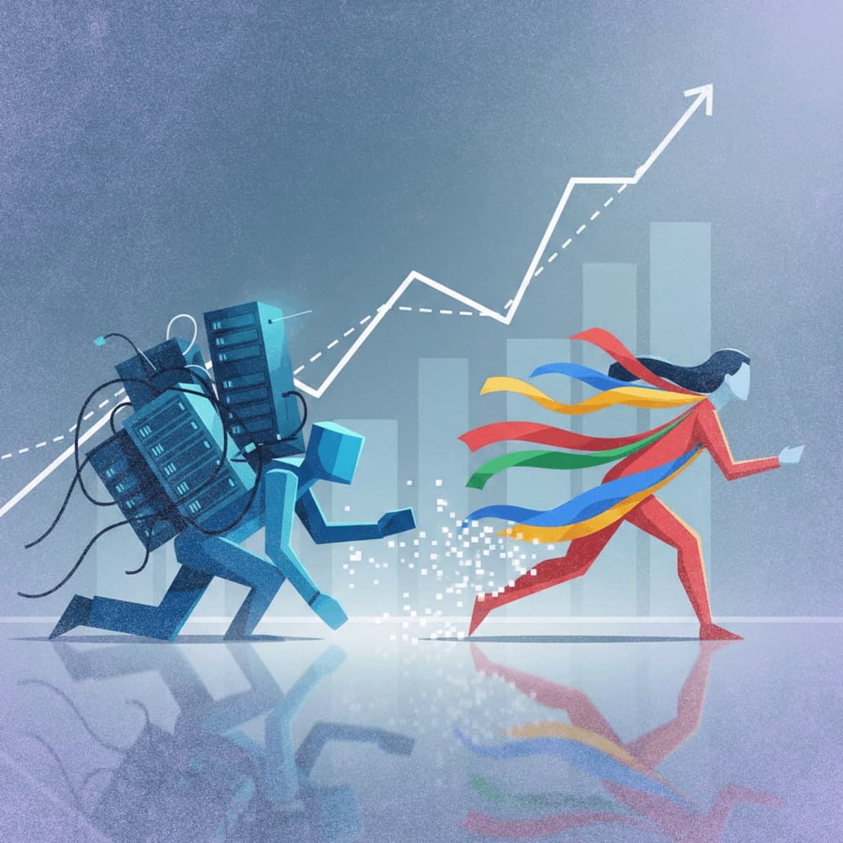 Abstract illustration of two corporate figures in a race, one burdened by hardware while the other runs ahead freely