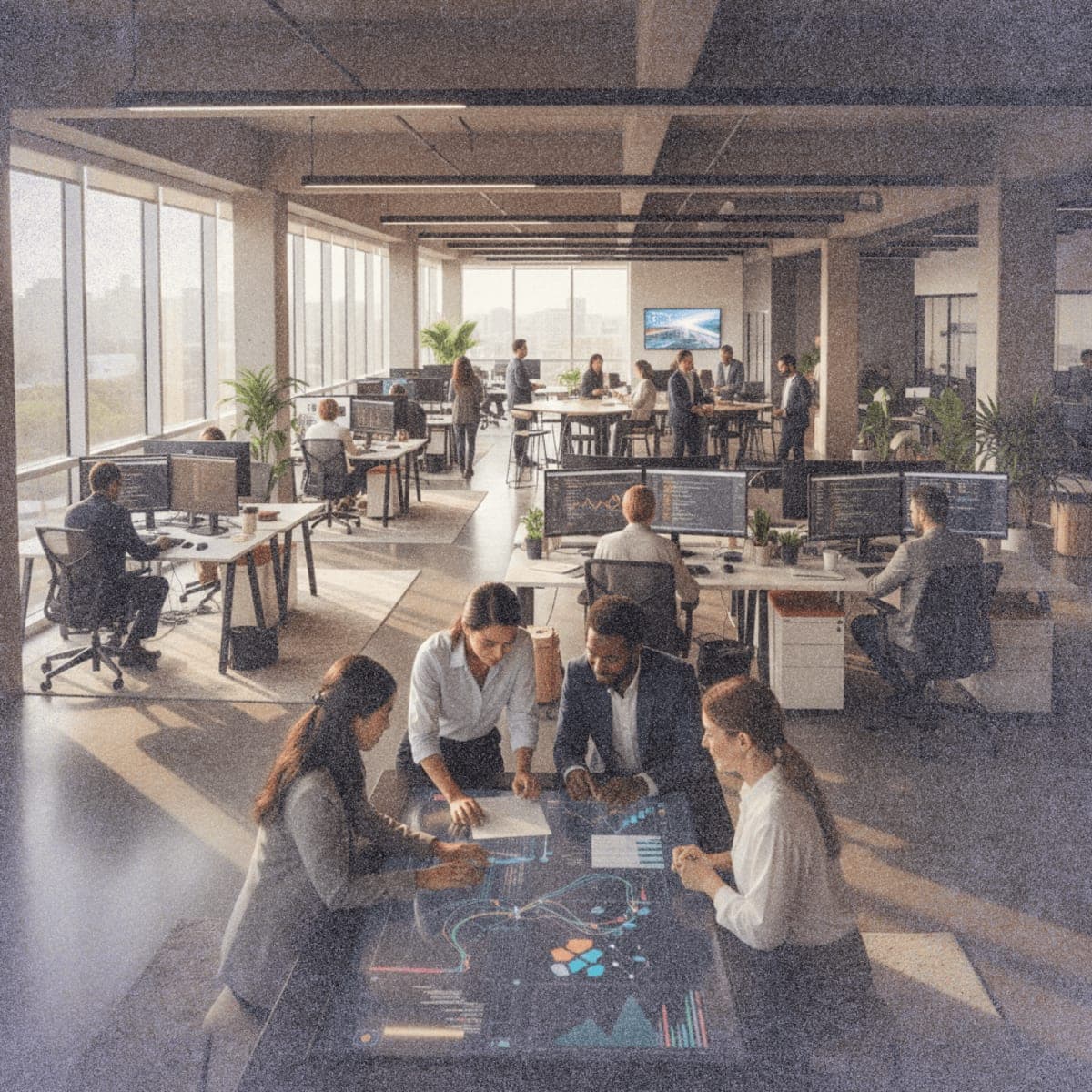 Knowledge workers collaborating in a modern office with multiple screens displaying data visualizations