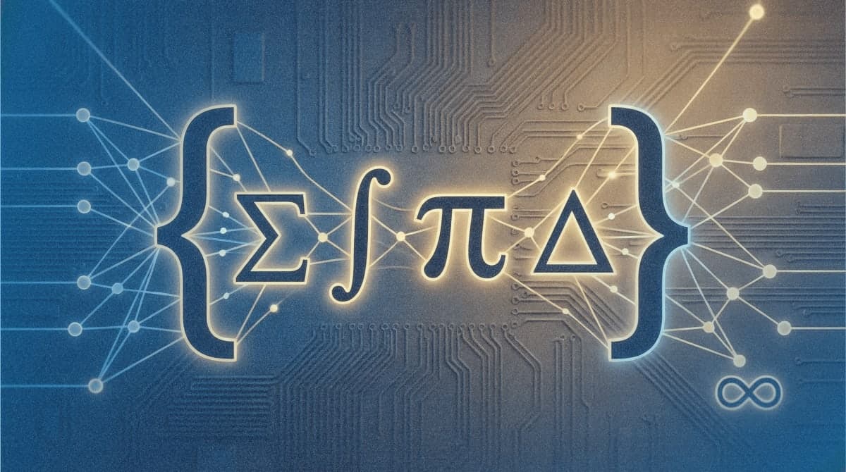 Abstract neural network illustration with code and math symbols representing the Rnj-1 AI model