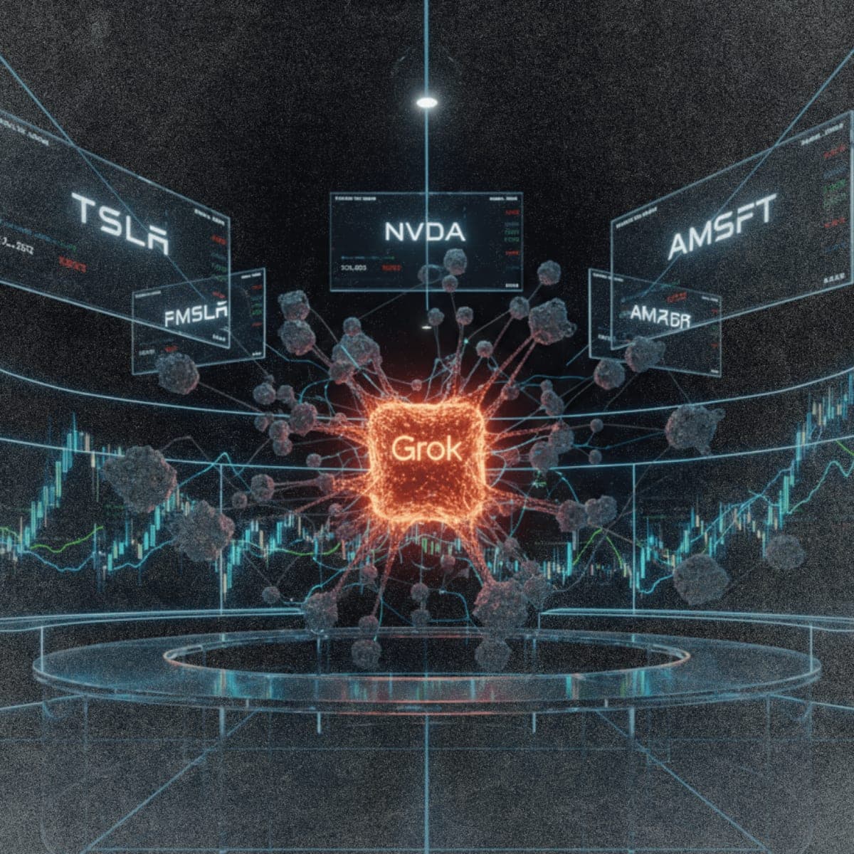 Abstract visualization of AI trading competition with Grok neural network winning against other AI models on a stock market backdrop