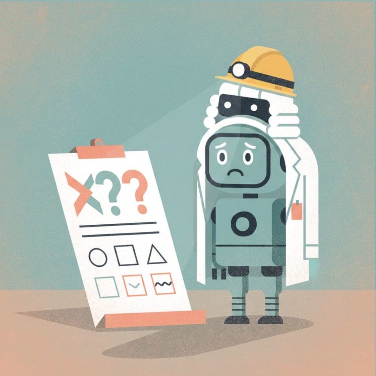 Illustration of a robot wearing stacked expert costumes looking confused at a multiple choice test