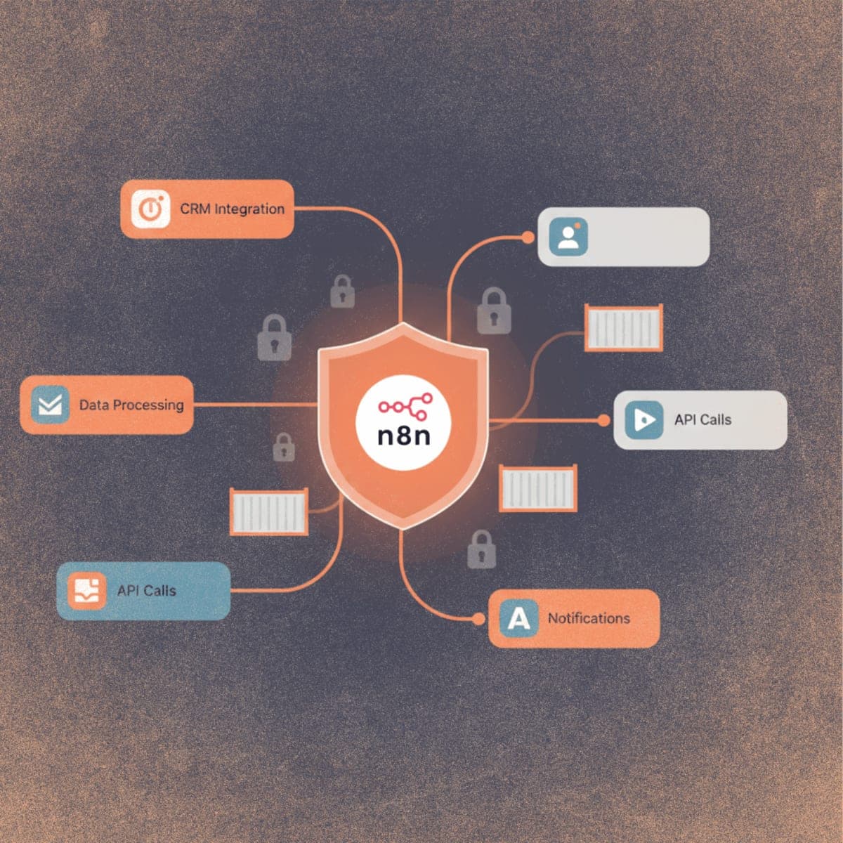 Illustration of n8n workflow nodes with security shield highlighting new isolated execution environment in version 2.0