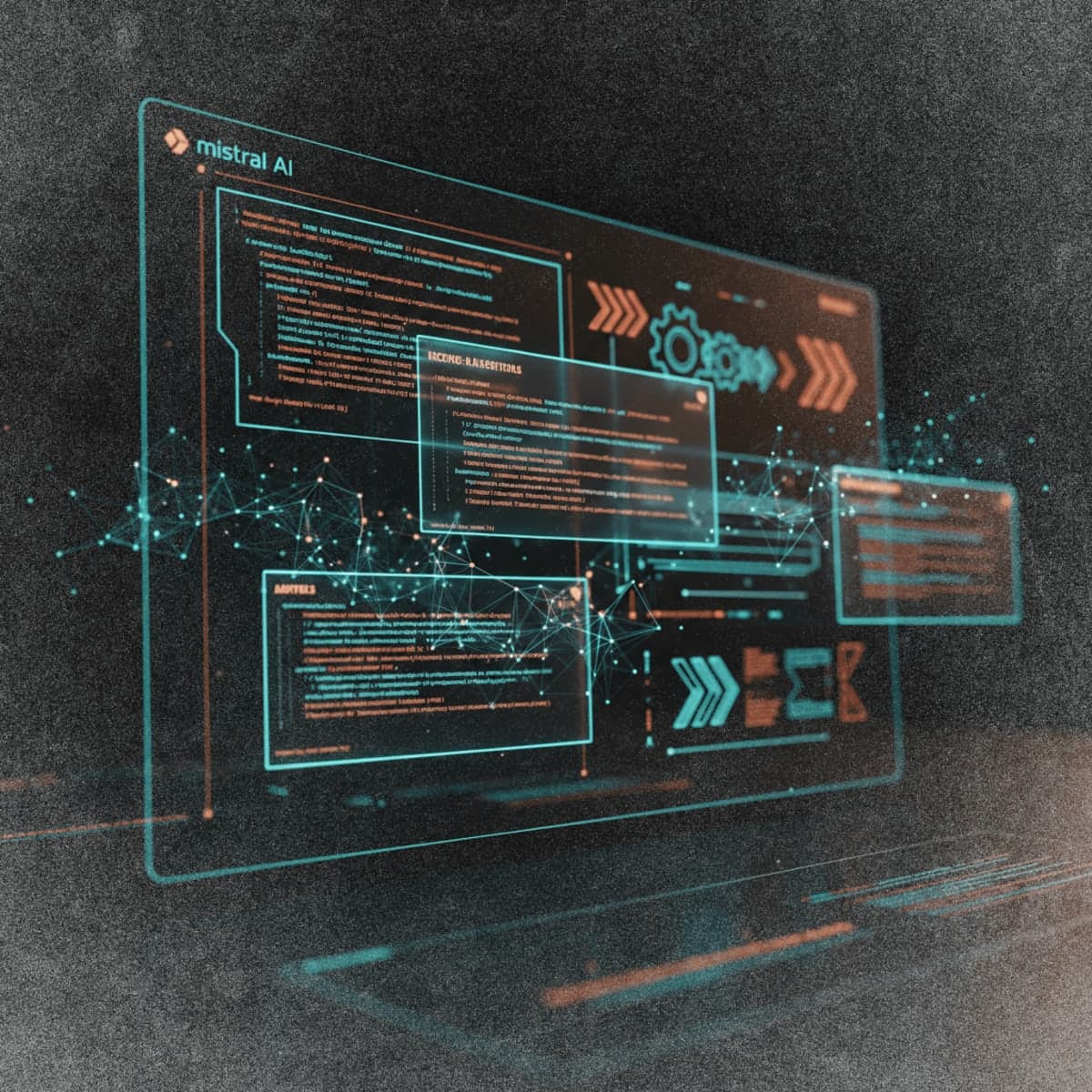 Terminal interface visualization representing Mistral AI's Devstral 2 coding model and Vibe CLI assistant