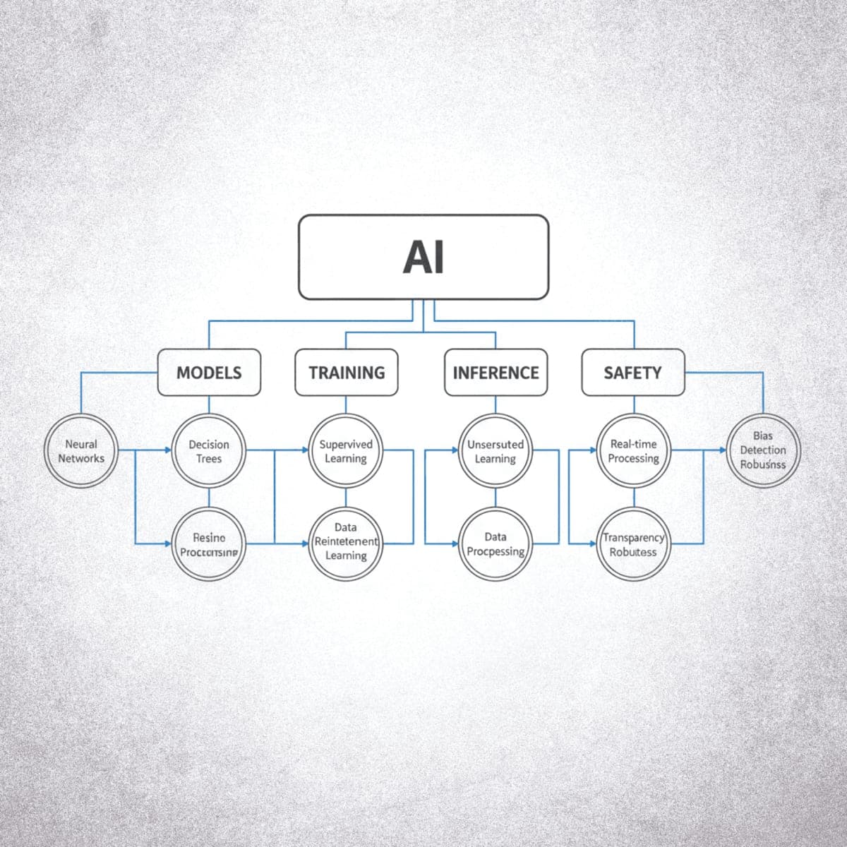Diagram showing AI terminology organized as interconnected concept nodes, with main categories branching into specific terms
