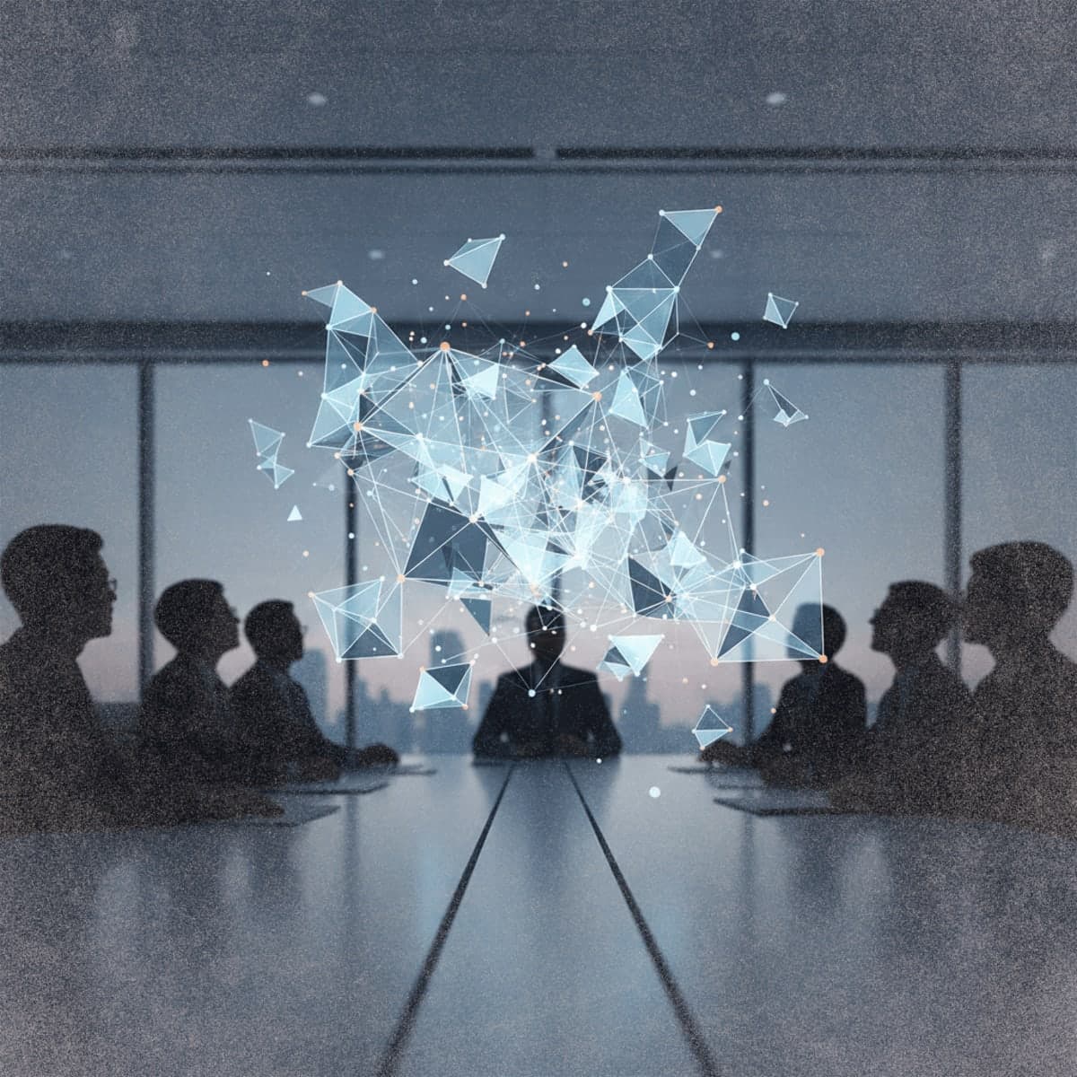 Abstract visualization of interconnected AI agent networks floating above a collaborative workspace