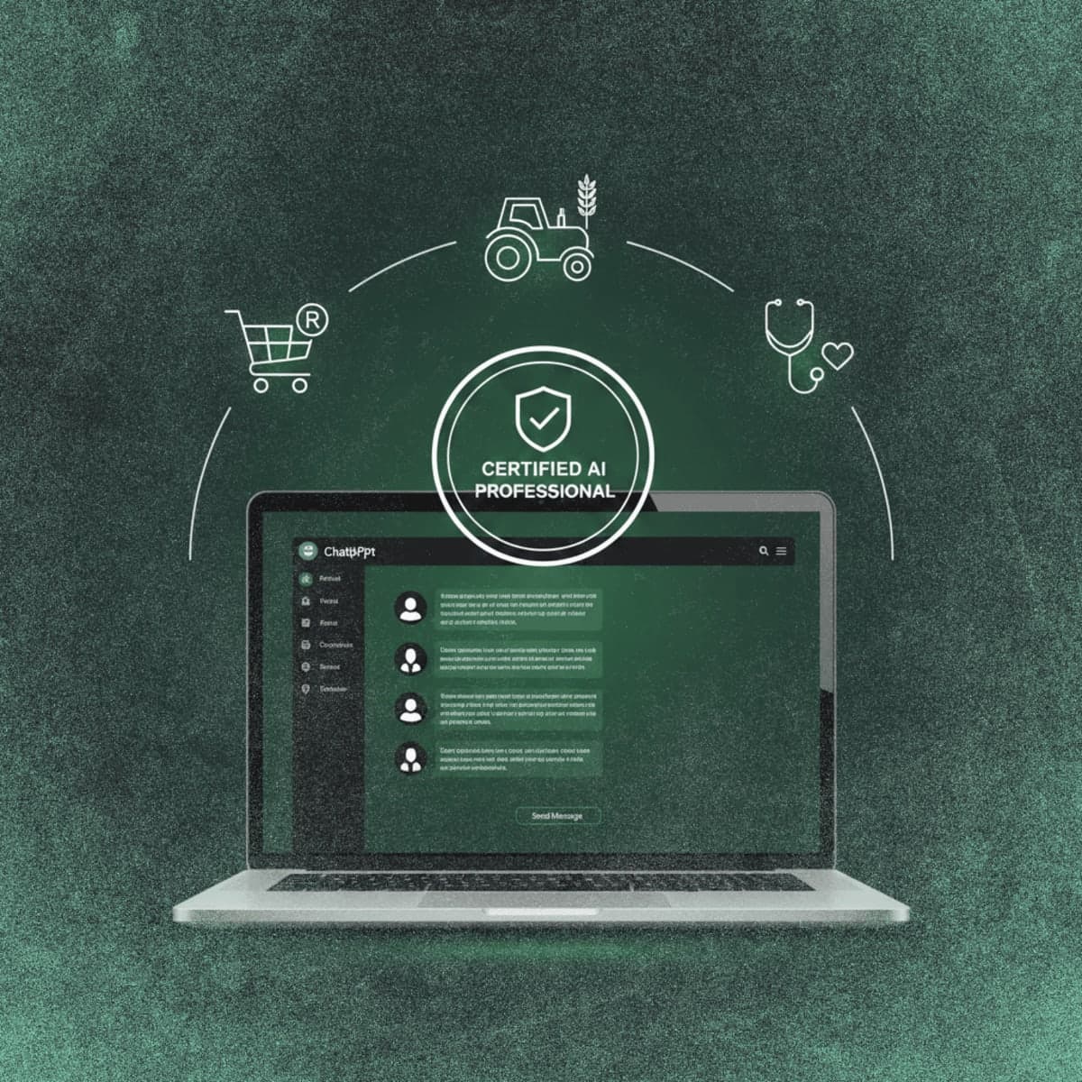 OpenAI certification badge displayed on ChatGPT interface with industry icons in background