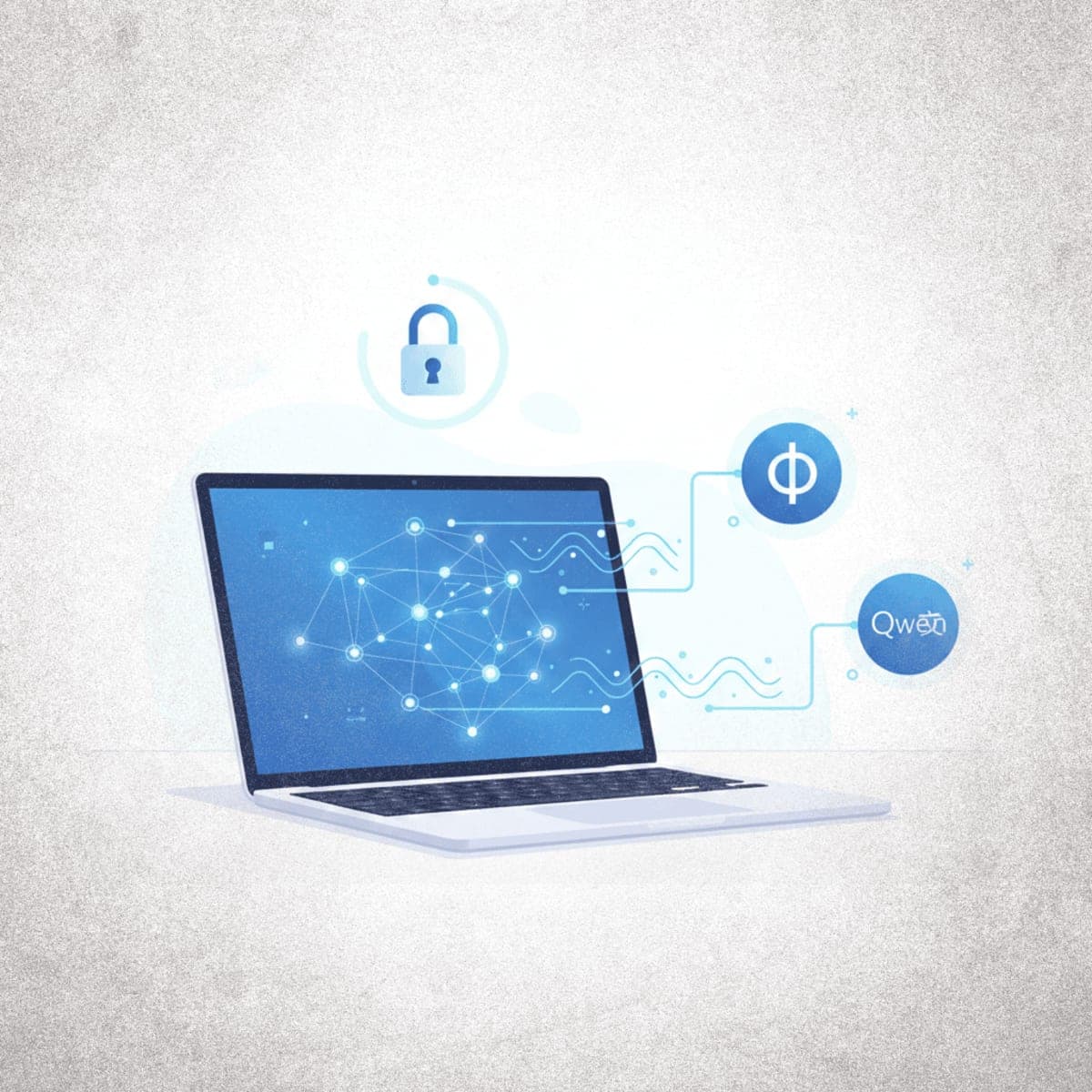 Laptop running local AI models with privacy lock symbol and neural network visualization