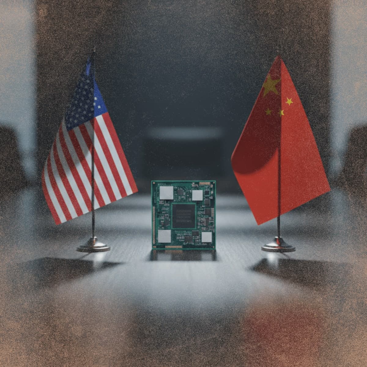 Nvidia H200 AI chip positioned between US and Chinese flags on conference table