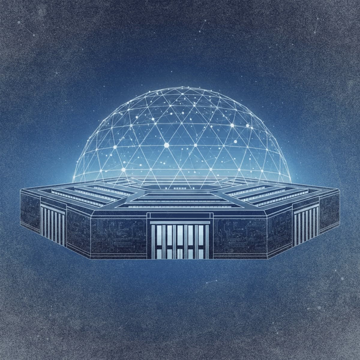 Stylized illustration of the Pentagon building with AI neural network patterns forming a protective dome above it against a twilight sky