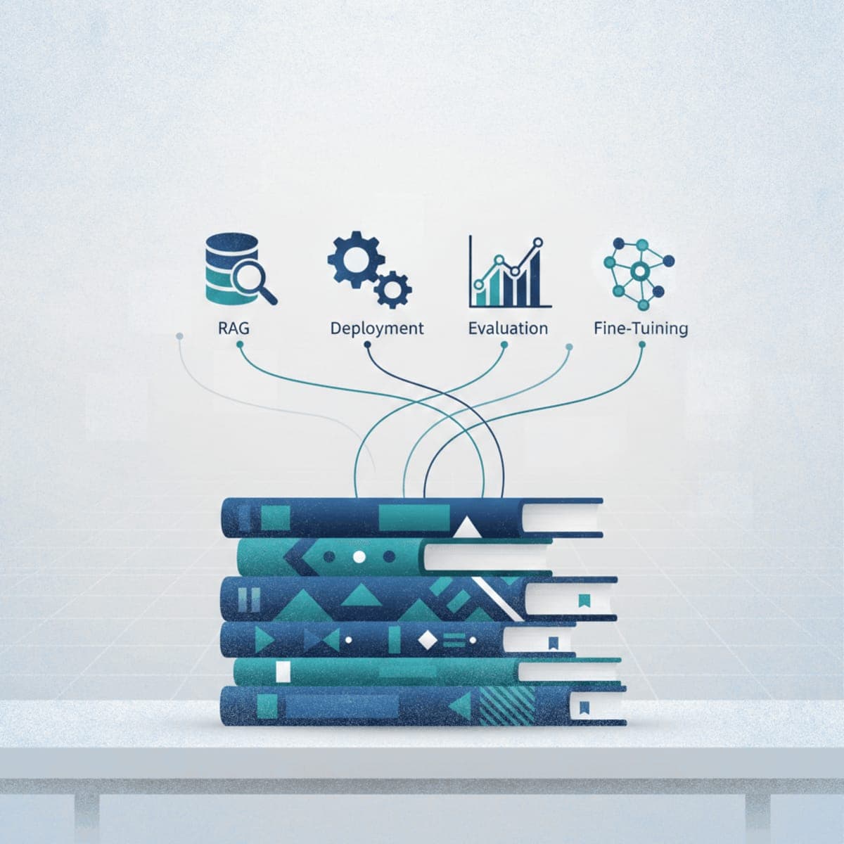 Stack of five technical books with abstract icons representing LLM engineering concepts including RAG, deployment, evaluation, and fine-tuning connected by flowing lines