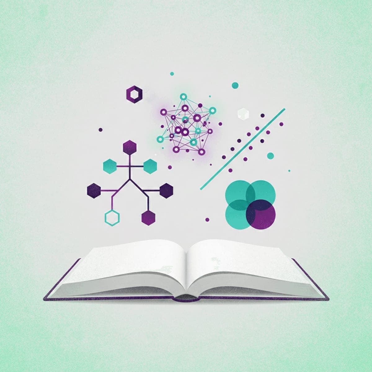 Open book with floating geometric shapes representing machine learning concepts including decision trees, neural networks, regression lines, and clustering patterns