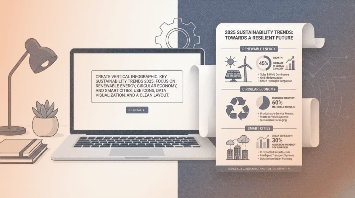 Laptop displaying a text prompt on the left with a brand-consistent vertical infographic emerging on the right side of the screen, illustrating the AI infographic creation workflow.