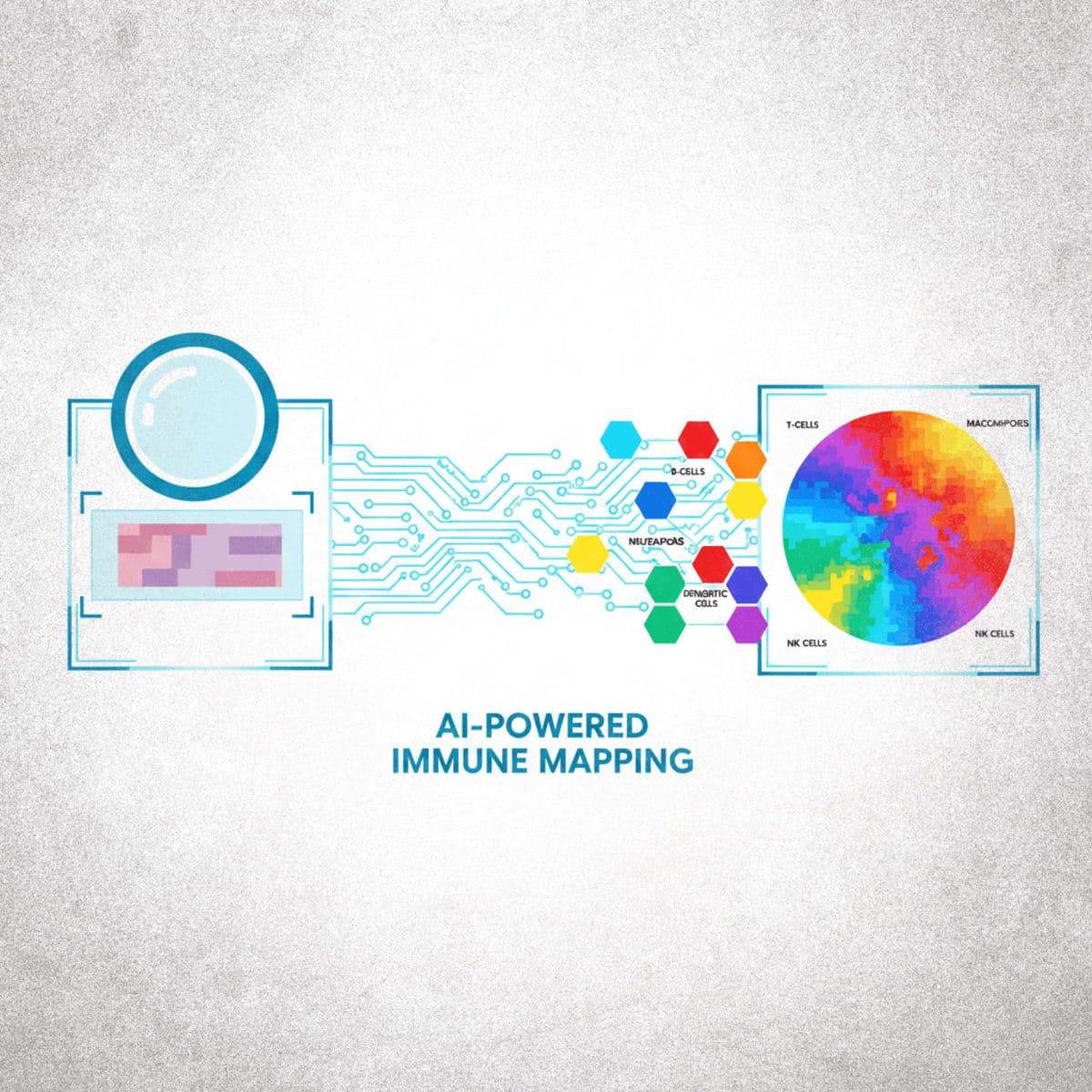 Illustration of AI transforming basic tissue slide into detailed tumor immune cell map