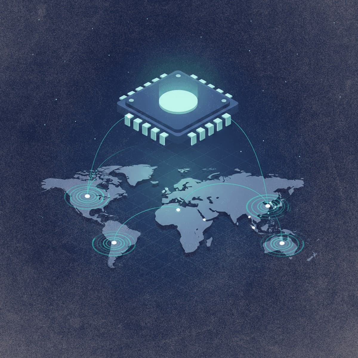 Stylized illustration of an AI chip with network latency visualization lines connecting to global data center locations on a world map