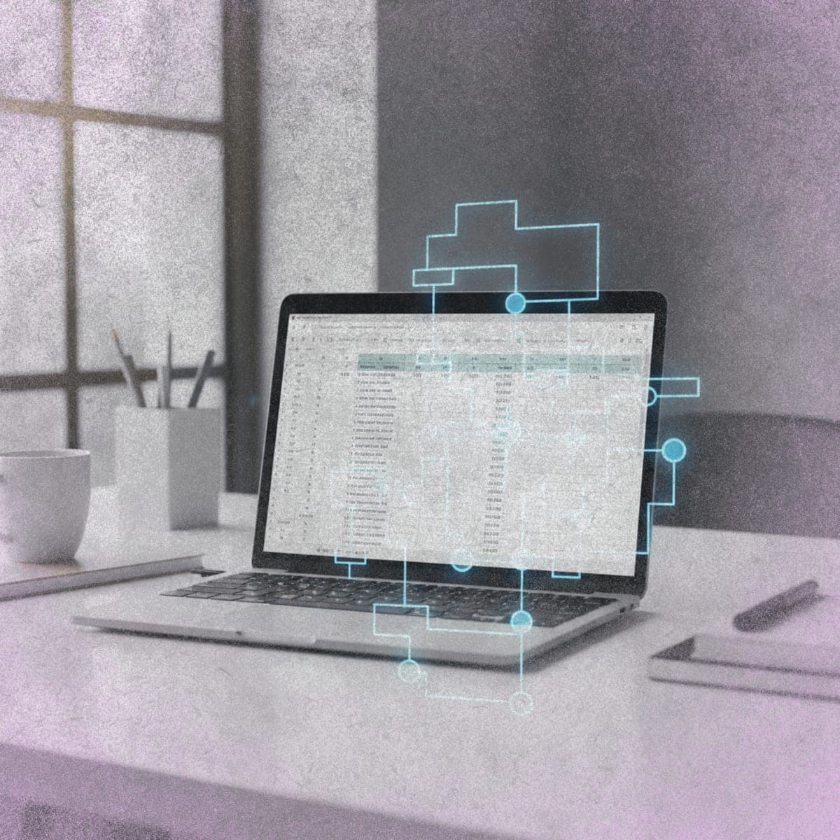 Laptop displaying Excel spreadsheet in modern office with soft blue lighting suggesting AI-powered workflow processing
