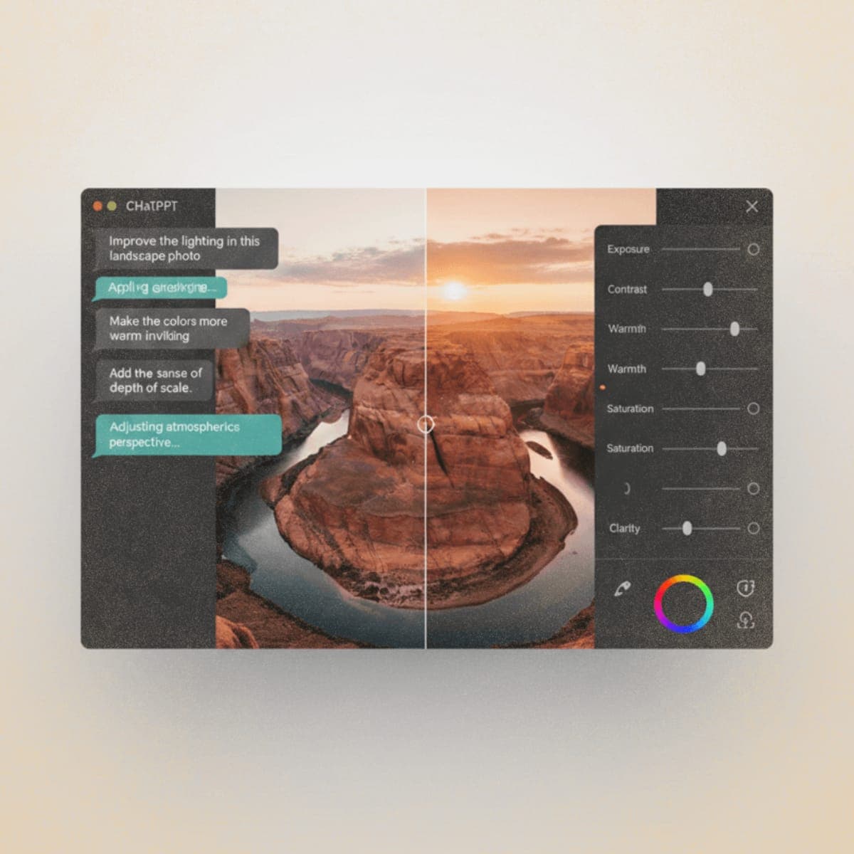 Split view showing ChatGPT conversation interface connected to photo editing tools with image adjustments in progress