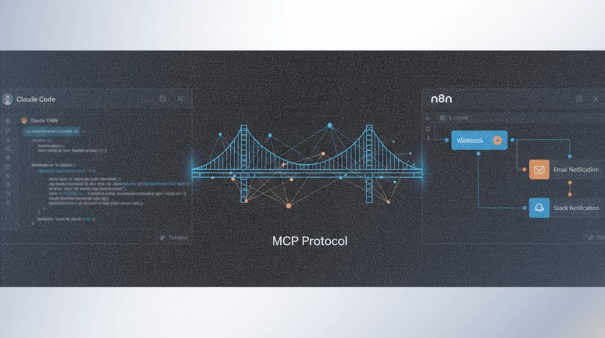 Architecture diagram showing Claude Code terminal connected to n8n workflow canvas through MCP protocol bridge