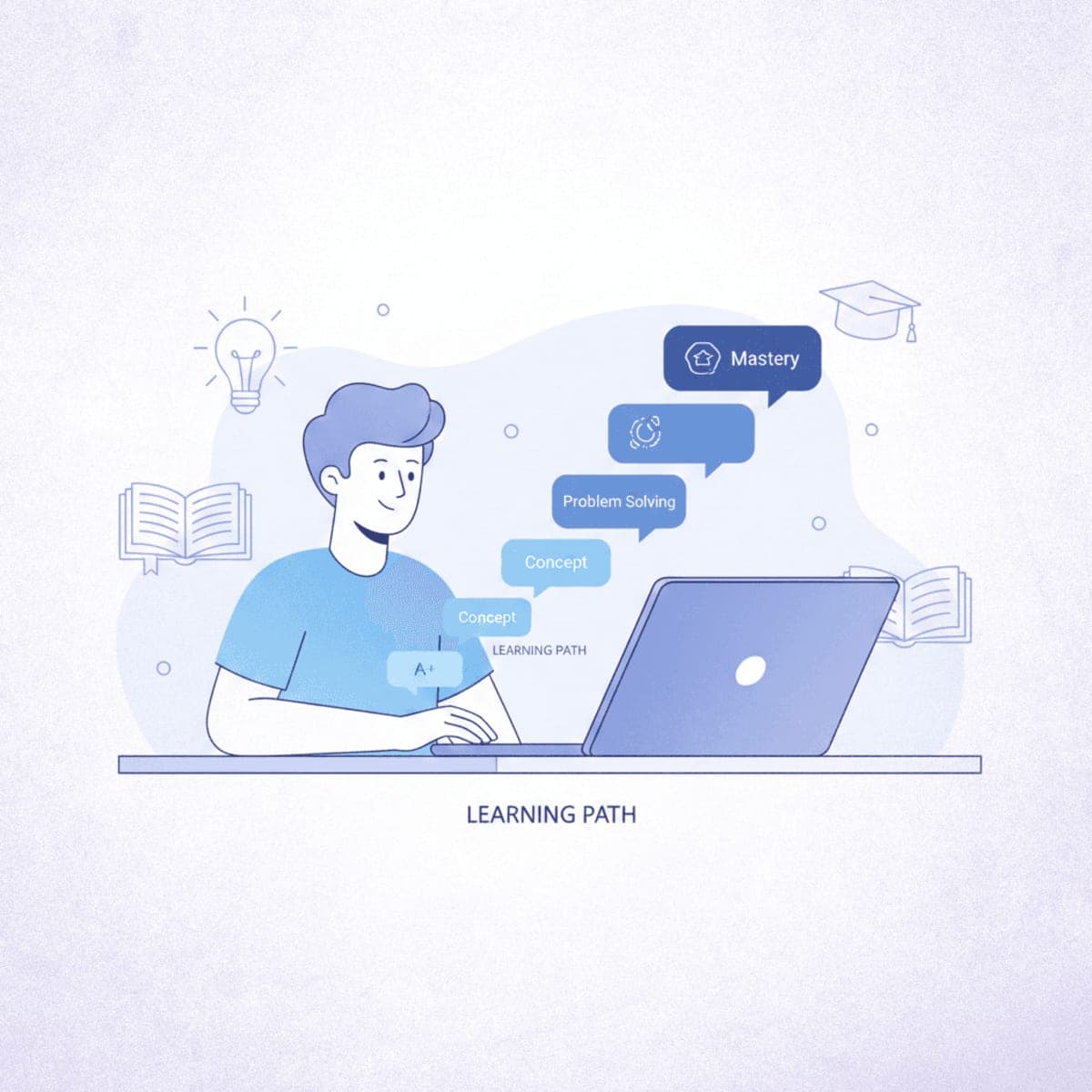 Student using laptop with AI tutoring interface showing progressive dialogue bubbles representing step-by-step learning