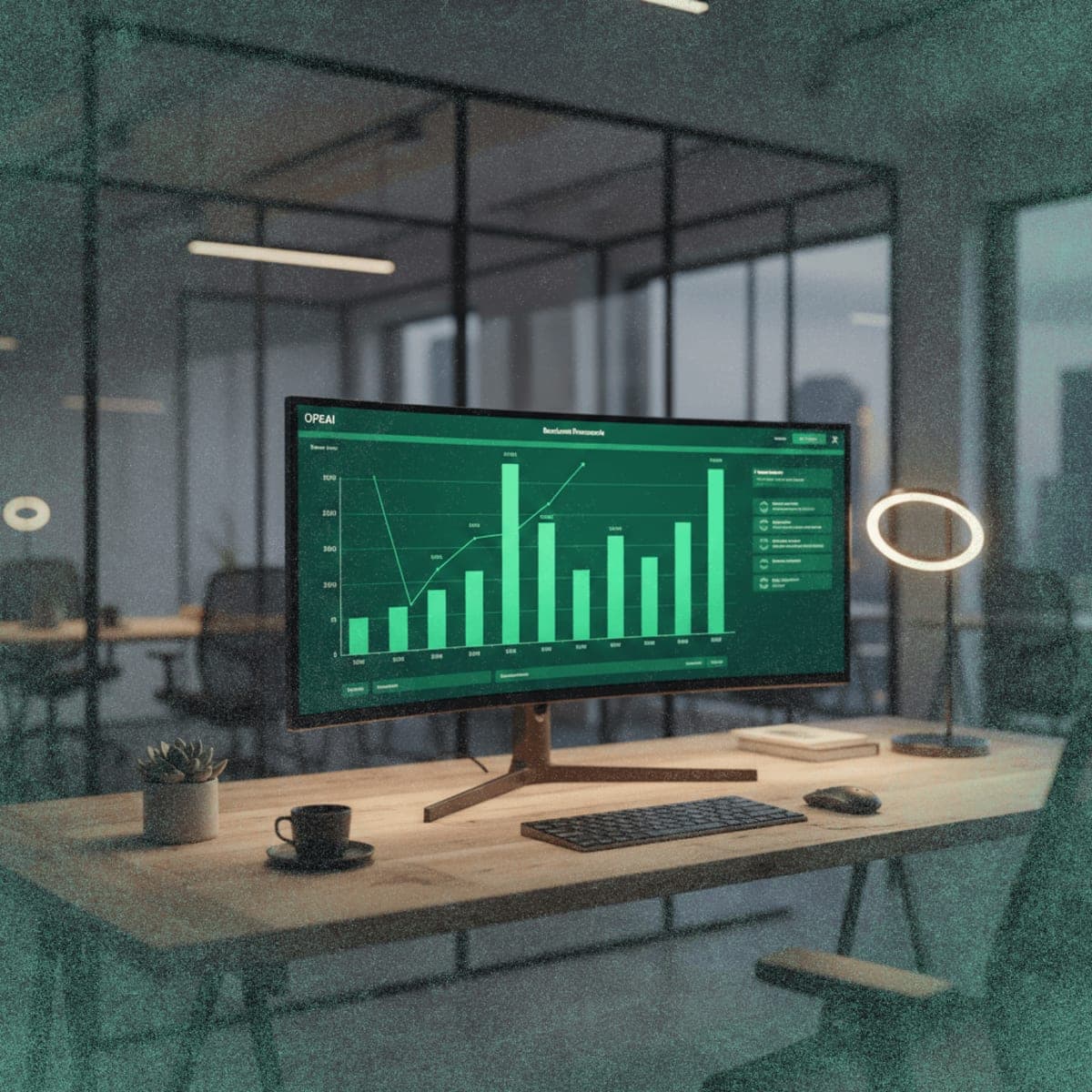 Computer monitor displaying AI benchmark performance charts in a modern workspace