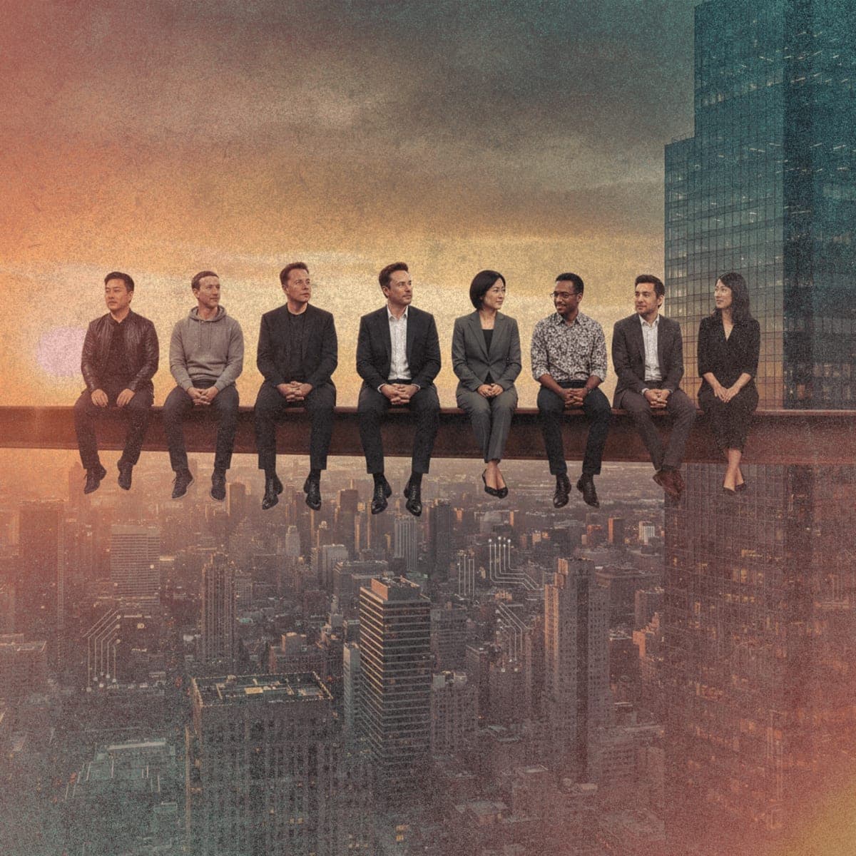 Eight tech executives seated on a steel beam high above a city skyline, recreating the classic Lunch atop a Skyscraper photograph in a modern AI-era context.