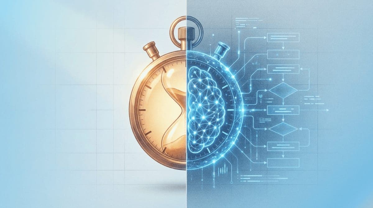 Abstract illustration showing the contrast between processing time and computational complexity in AI reasoning systems