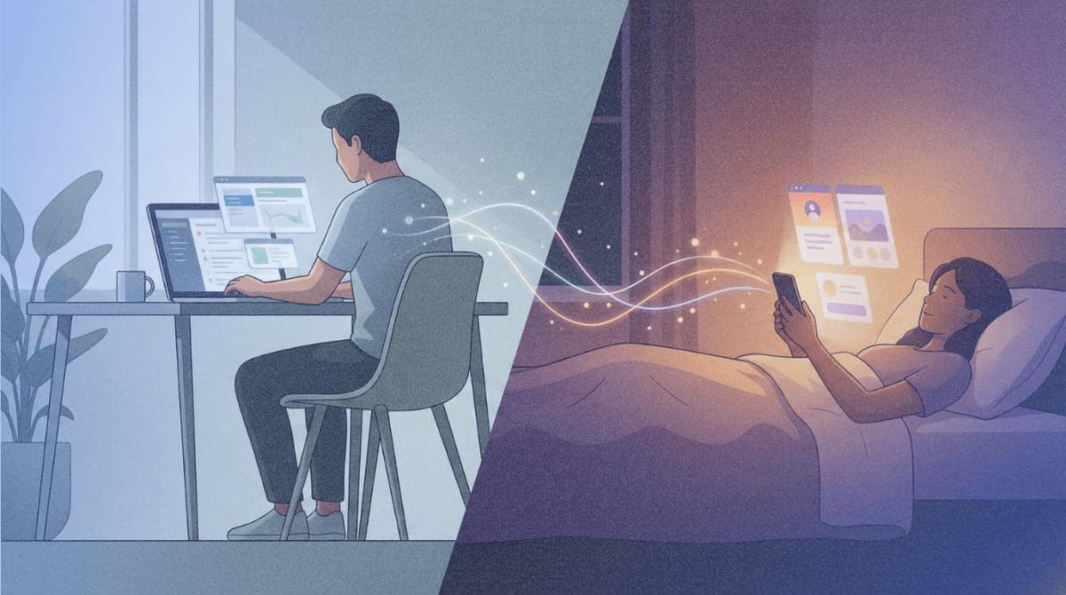 Split illustration showing a person using AI assistant on desktop during work hours and on mobile phone at night, representing the dual usage patterns found in Microsoft's Copilot study.