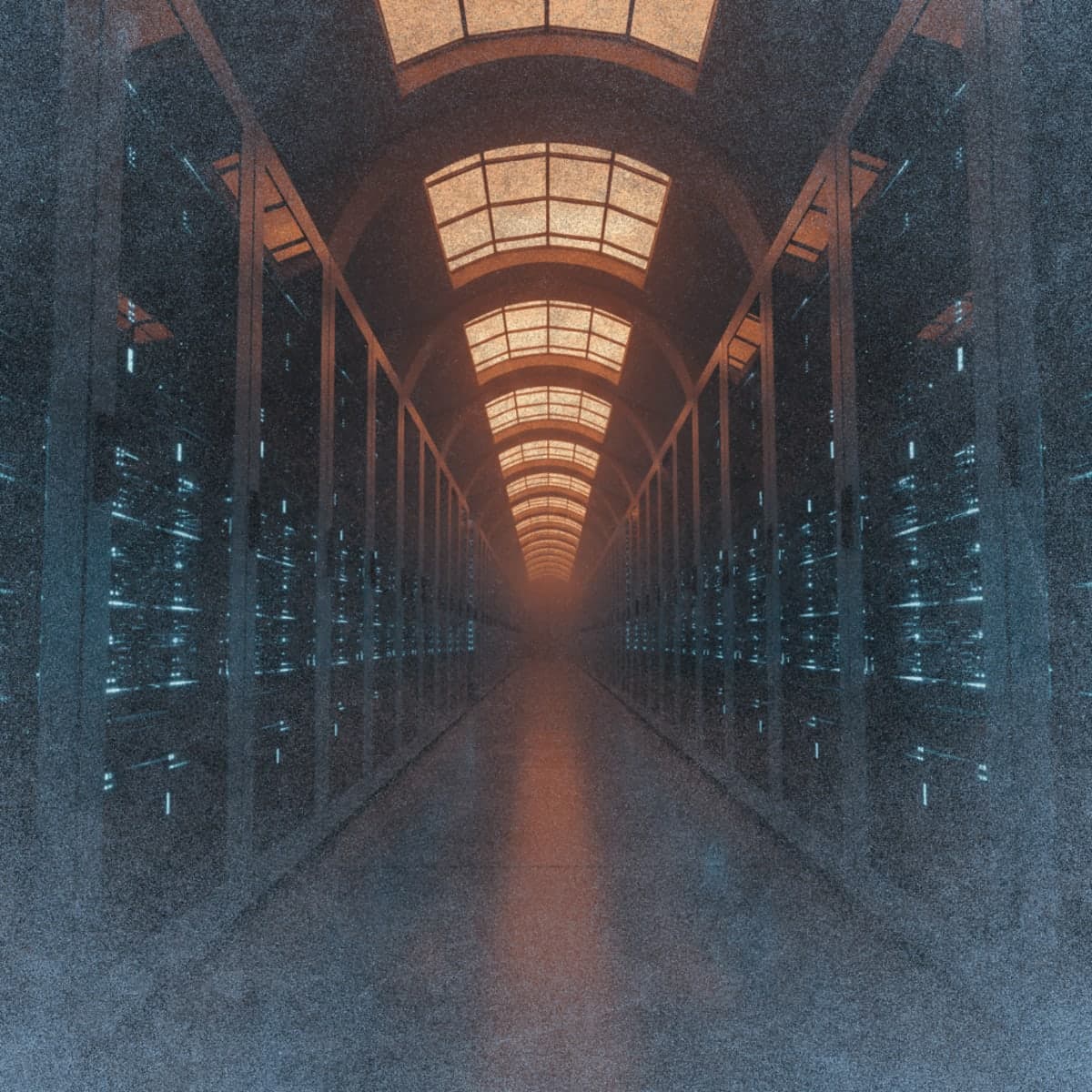 Data center server corridor with blue LED lights stretching into the distance at dusk